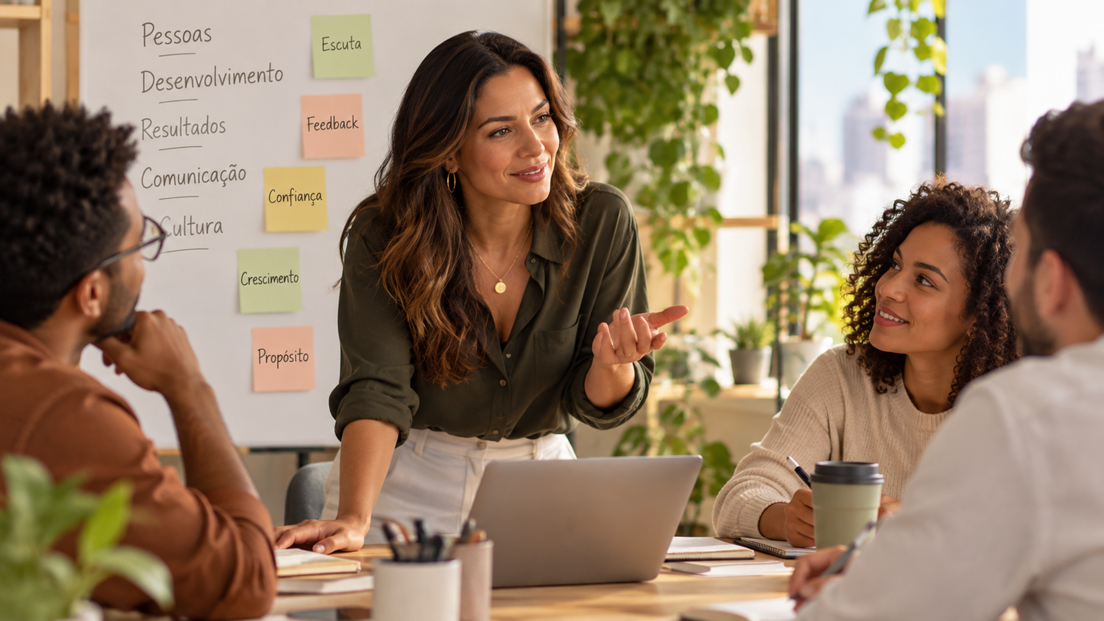 Mulher liderando reunião com equipe em contexto de desenvolvimento de liderança